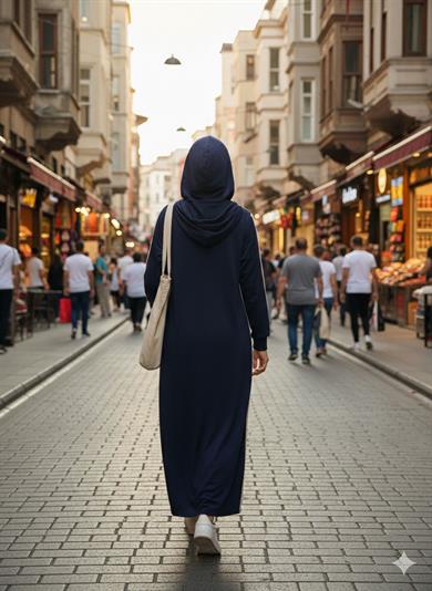 Çizgi Detay Kapüşonlu Elbise - Lacivert