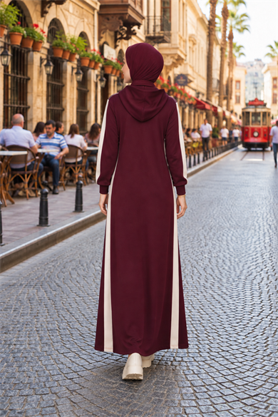 Çizgi Detay Kapüşonlu Elbise - Mürdüm