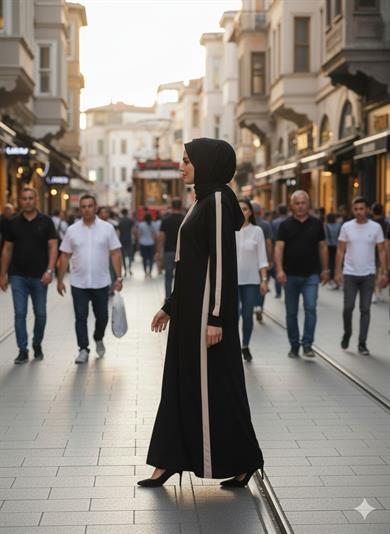 Çizgi Detay Kapüşonlu Elbise - Siyah