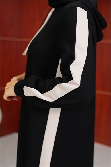 Çizgi Detay Kapüşonlu Elbise - Siyah