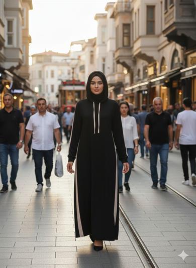 Çizgi Detay Kapüşonlu Elbise - Siyah