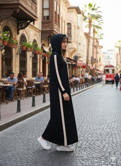 Çizgi Detay Kapüşonlu Elbise - Siyah
