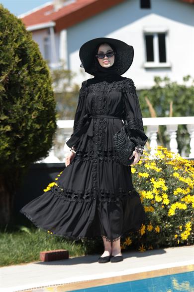 Deniz Dantel Detay Elbise - Siyah