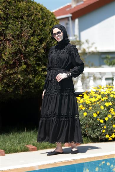 Deniz Dantel Detay Elbise - Siyah