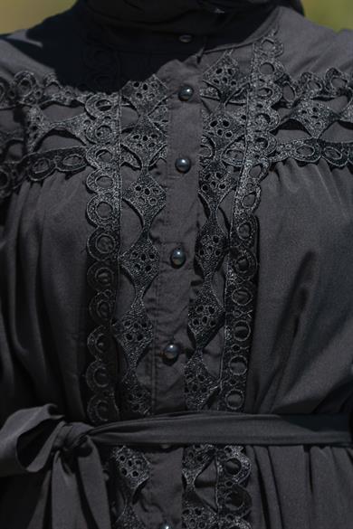 Deniz Dantel Detay Elbise - Siyah