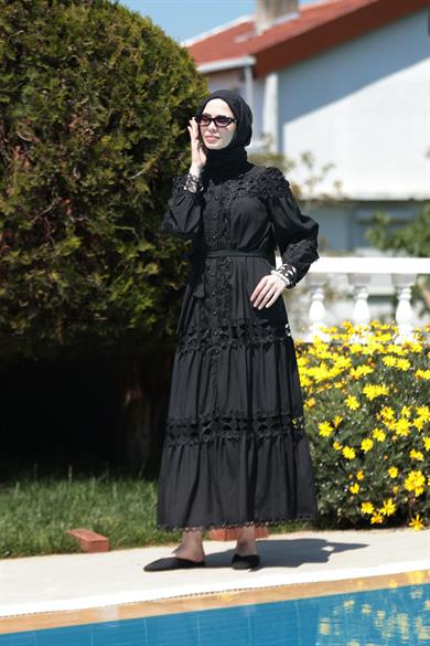 Deniz Dantel Detay Elbise - Siyah