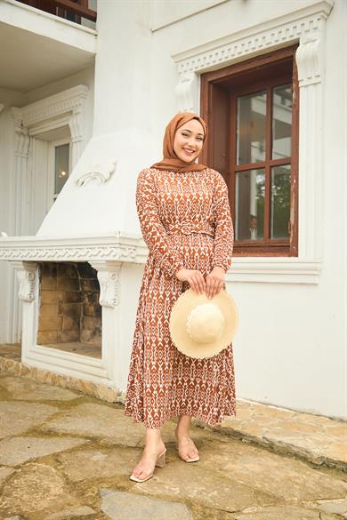 Patterned Belted Long Dress - Tile