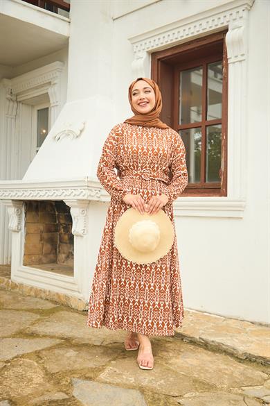 Patterned Belted Long Dress - Tile
