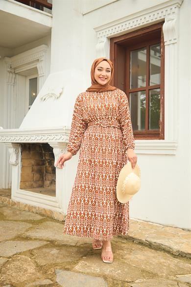 Patterned Belted Long Dress - Tile