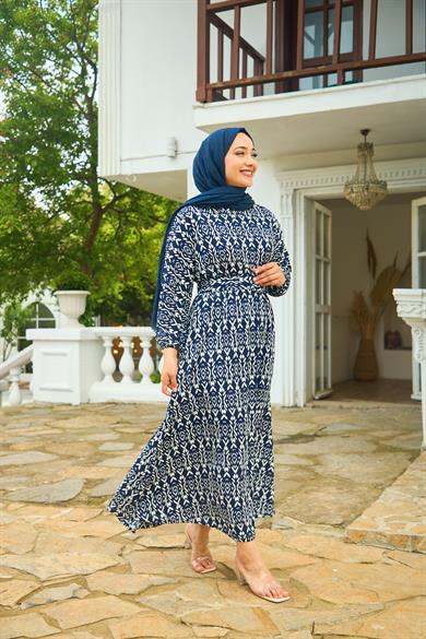 Patterned Belted Long Dress - Navy Blue