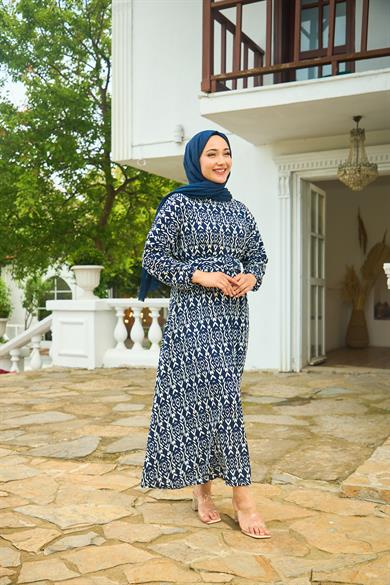 Patterned Belted Long Dress - Navy Blue