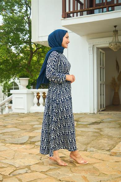 Patterned Belted Long Dress - Navy Blue