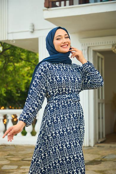 Patterned Belted Long Dress - Navy Blue