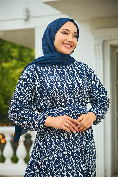 Patterned Belted Long Dress - Navy Blue