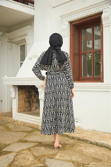 Patterned Belted Long Dress - Black