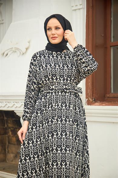 Patterned Belted Long Dress - Black