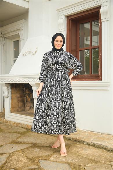 Patterned Belted Long Dress - Black