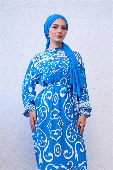 Patterned Half Button Dress - Blue