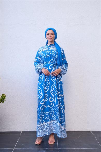 Patterned Half Button Dress - Blue