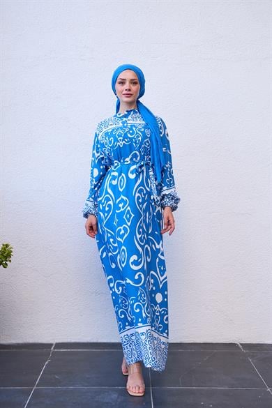 Patterned Half Button Dress - Blue