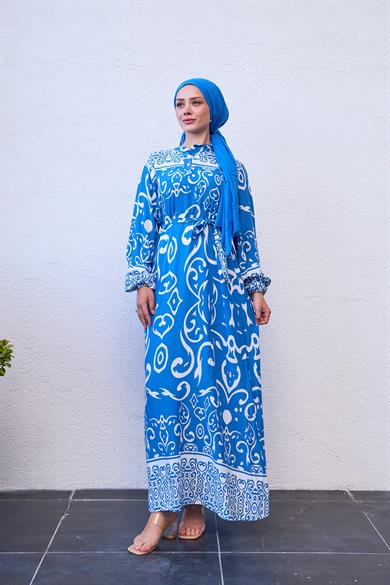 Patterned Half Button Dress - Blue