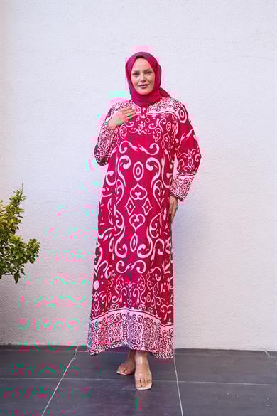 Patterned Half Button Dress - Pink