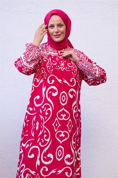 Patterned Half Button Dress - Pink