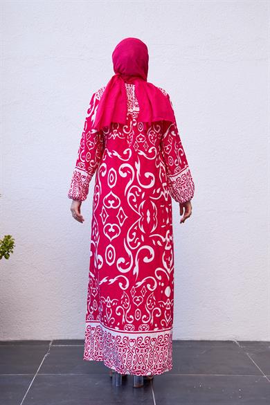 Patterned Half Button Dress - Pink