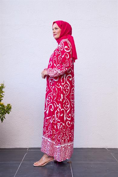 Patterned Half Button Dress - Pink