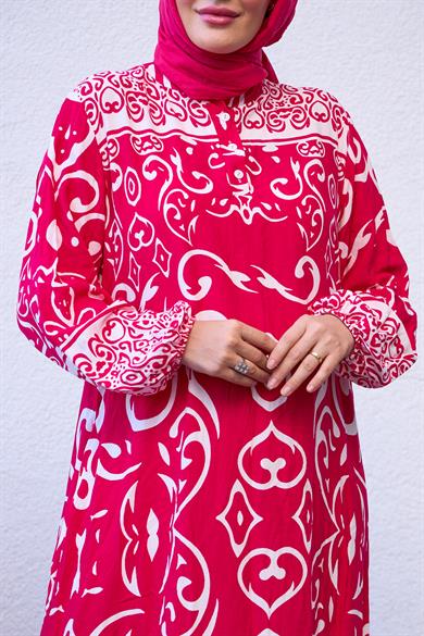 Patterned Half Button Dress - Pink