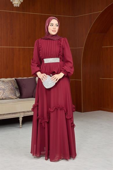 Dore Bel Taş Detay Abiye - Bordo
