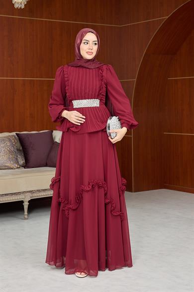 Dore Bel Taş Detay Abiye - Bordo