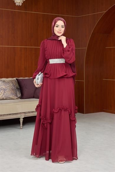 Dore Bel Taş Detay Abiye - Bordo