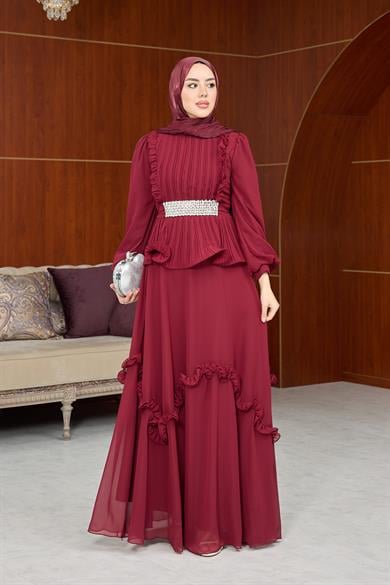 Dore Bel Taş Detay Abiye - Bordo