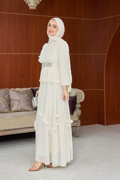 Dore Bel Taş Detay Abiye - Ekru
