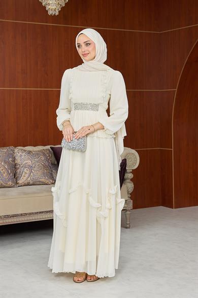 Dore Bel Taş Detay Abiye - Ekru