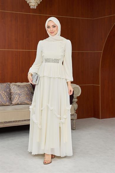Dore Bel Taş Detay Abiye - Ekru