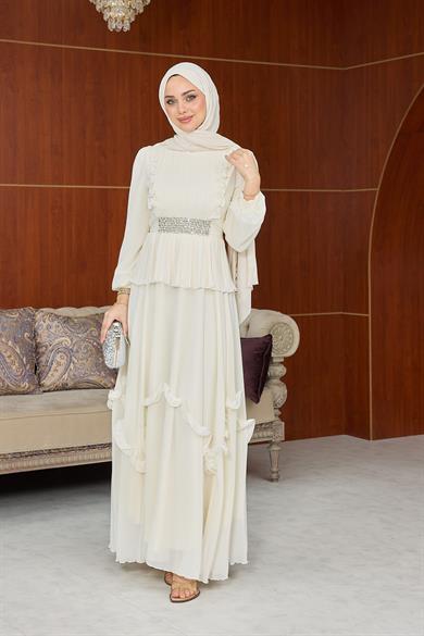 Dore Bel Taş Detay Abiye - Ekru