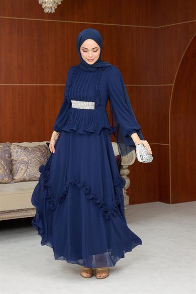 Dore Bel Taş Detay Abiye - Lacivert