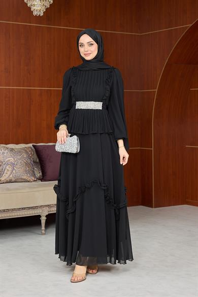 Dore Bel Taş Detay Abiye - Siyah