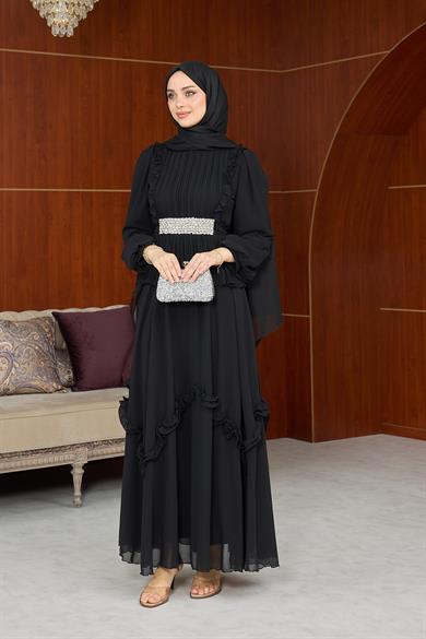Dore Bel Taş Detay Abiye - Siyah