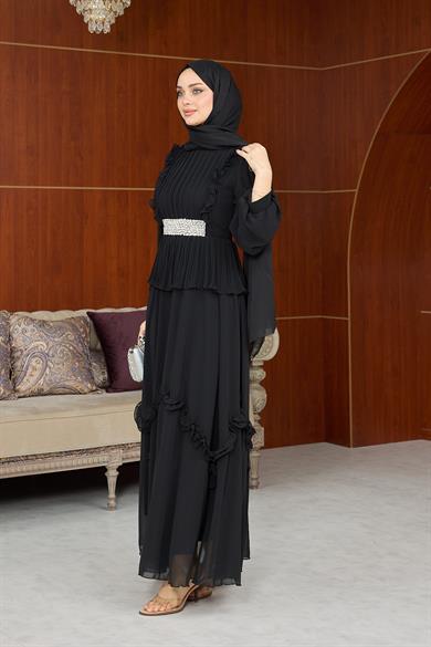 Dore Bel Taş Detay Abiye - Siyah