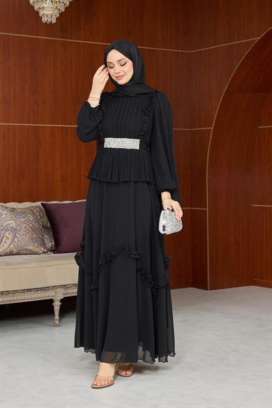 Dore Bel Taş Detay Abiye - Siyah