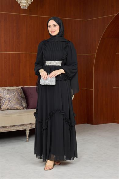 Dore Bel Taş Detay Abiye - Siyah