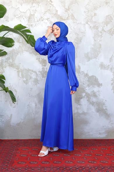 Drape Detay Saten Abiye - Saks Mavi