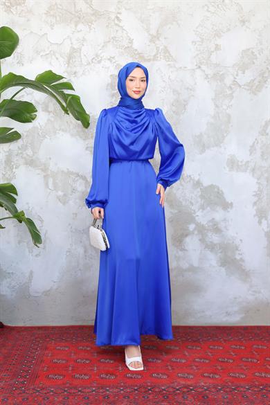 Drape Detay Saten Abiye - Saks Mavi