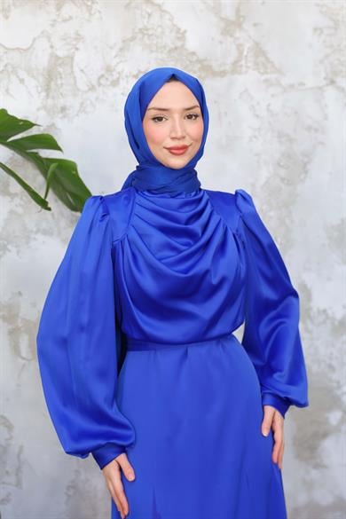 Drape Detay Saten Abiye - Saks Mavi