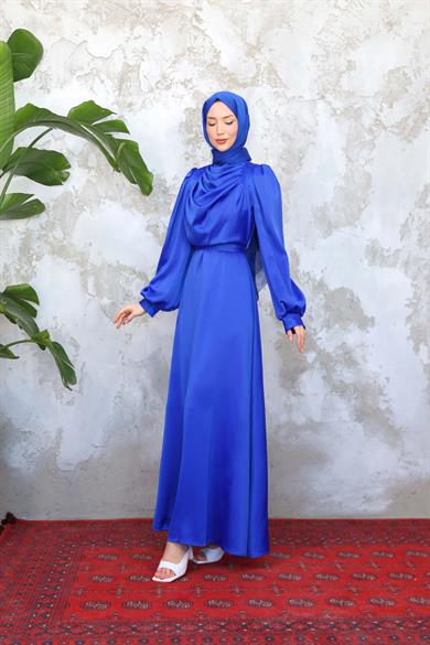 Drape Detay Saten Abiye - Saks Mavi