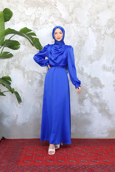 Drape Detay Saten Abiye - Saks Mavi