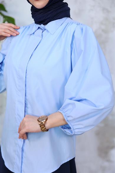 Düğme Detay Gömlek - Mavi